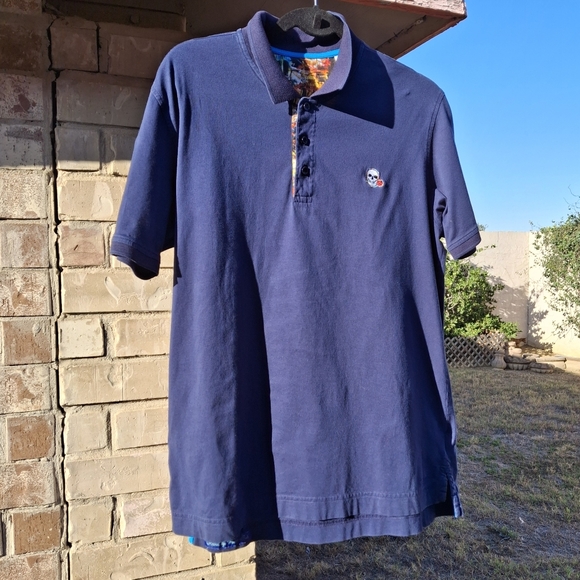 Robert Graham Embroidered Skull with Rose Navy Cotton Polo Shirt Men Size Large - Picture 6 of 16